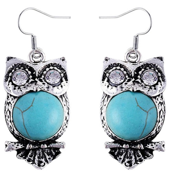Jewelry - Turquoise Rhinestone Boho Owl Earrings